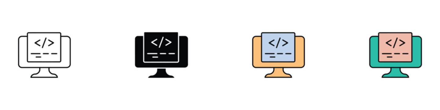 Web Development and Computer Programming Icons Set. Vector Illustration of Flat Outline and Filled Color Software Coding, HTML Script Tag, Screen Interface, and Technology Template.