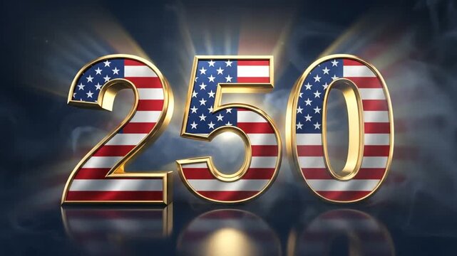 Celebratory 250 Anniversary with patriotic illuminated number graphics reflecting American flag design