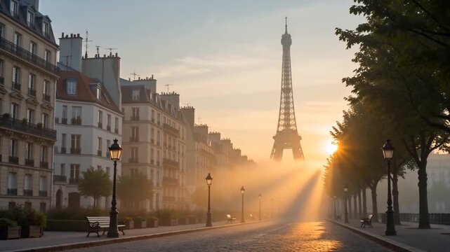 Sunrise lights up street and buildings near Eiffel Tower in Paris on a misty morning with light beams shining through trees
