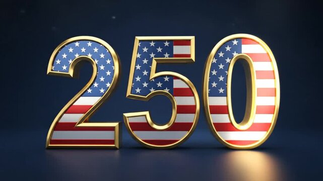 Glittering American Flag themed numerical celebration of 250 milestone marks with vibrant red, white, blue colors and patriotic