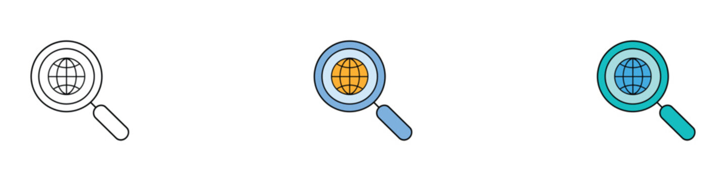Global Search and Network Analytics Icons Set. Vector Illustration of Flat Outline and Filled Color Worldwide Web Browser, International Market Research Loupe, and Technology Template.