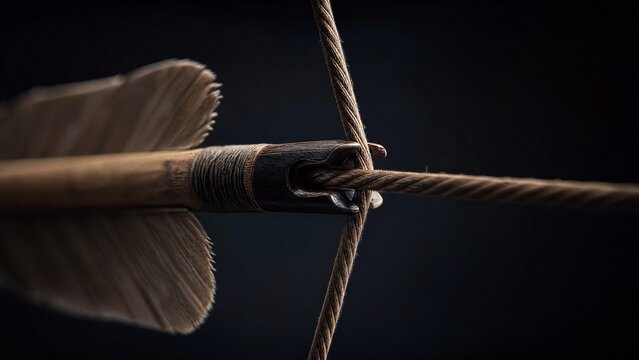An extreme close-up of a single bowstring pulled taut, with an arrow nocked.
