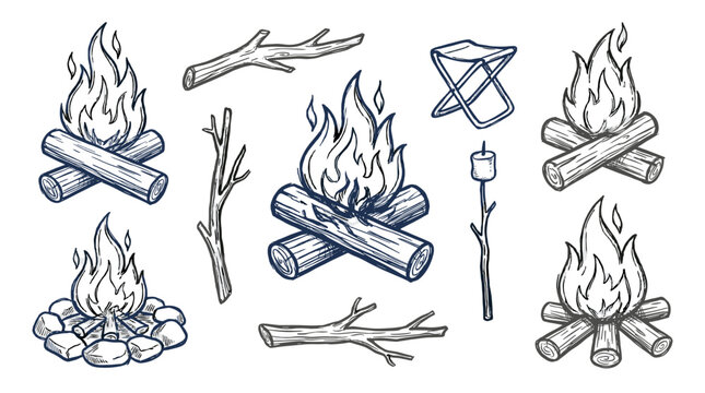 Hand drawn campfire and camping elements sketch set