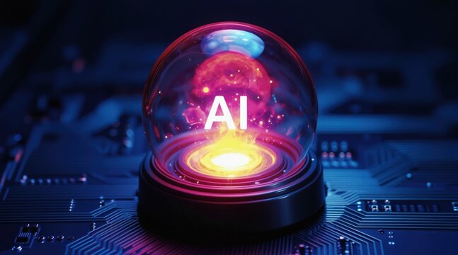 Glowing AI sphere floats on futuristic circuit board. Abstract digital orb with bright energy inside represents artificial intelligence and technology evolution. Future concept.