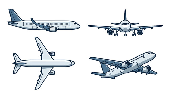 Passenger airplane set in side front top and perspective views