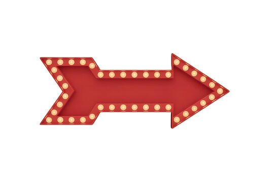 Red directional arrow sign with glowing light bulbs, vintage marquee style, isolated on a black background, for signage and, wayfinding concepts