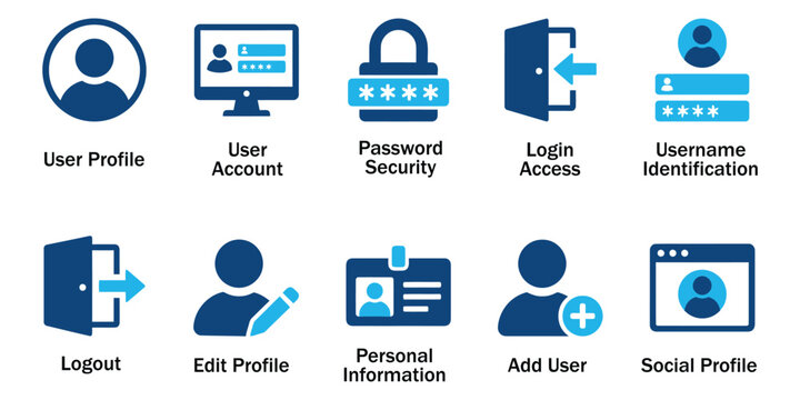 User profile solid icons and account login security glyph elements. Vector illustration of flat blue corporate personal identity logout password add member representing register website template.