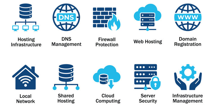 Web hosting solid icons and cloud infrastructure computing glyph elements. Vector illustration of flat blue corporate dns management firewall domain server security template.