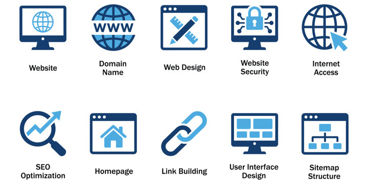 SEO optimization solid icons and web structure glyph elements. Vector illustration of flat blue corporate website domain design security internet access link building interface template.