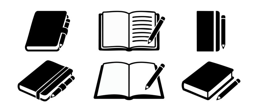 Notebook icon set book journal with pen and pencil vector line art illustrations. Open pad, closed cover diary, and study note log symbols for office supply, student school stationery, and writing.