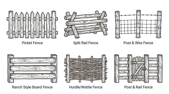Collection of Six Rustic Wooden Fence Styles - Picket, Split Rail, Post & Wire, Ranch, Hurdle, Gate