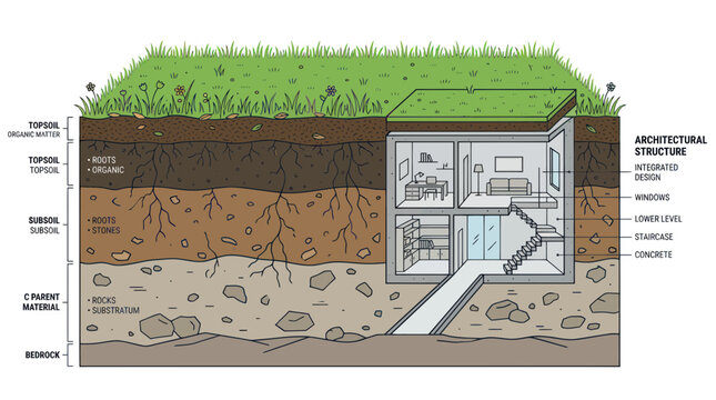 Cross-section of underground house with green roof and soil layers, architectural illustration.
