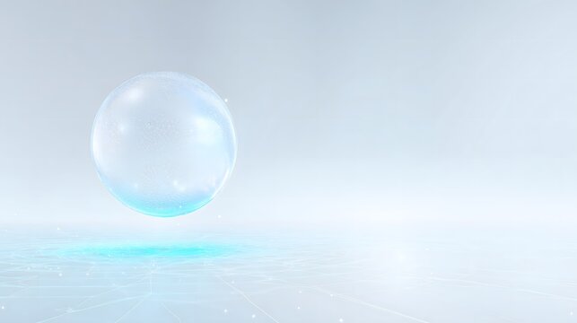 Futuristic glowing glass sphere hovering over a bright white digital surface