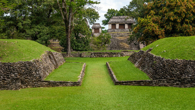 Ballcourt panorama and Mayan ruins, Palenque, Chiapas, Mexico.