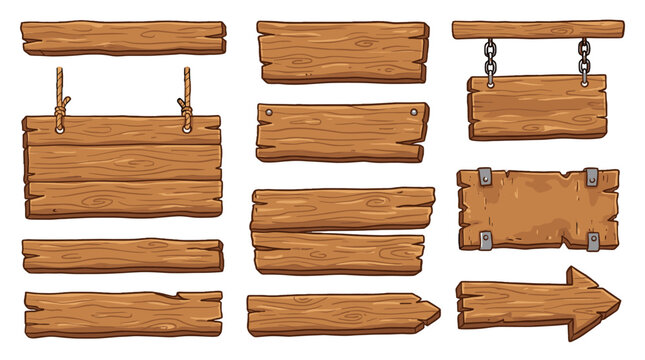 Set of cartoon wooden sign boards and hanging plaques