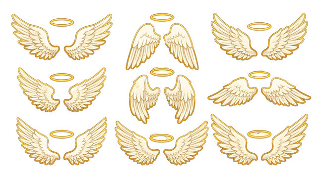 Set of angel wings with golden halos in cartoon vector style