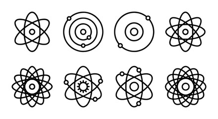 Atomic Structure Icons, Science Symbols, Orbiting Planets, Molecular Models, Vector Graphics © Md