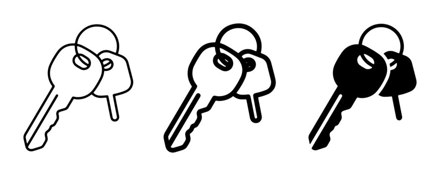 Set of 3 Key Icons, Outline and Solid Fill, Vector Graphics for Security and Access