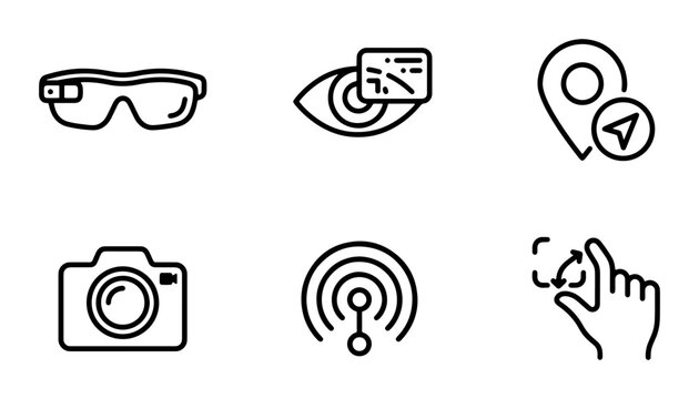 Augmented Reality Icons, Smart Glasses, Navigation, Camera, Wi-Fi, Gesture Control Vector Set