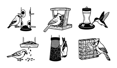 Bird Feeders Collection, Six Vector Illustrations of Avian Feeding Stations, Backyard Wildlife Support © Md