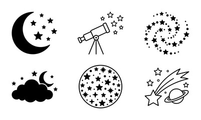 Celestial Icons: Moon, Stars, Telescope, Cloud, Planet, Swirl, Astronomy Vector Set © Md