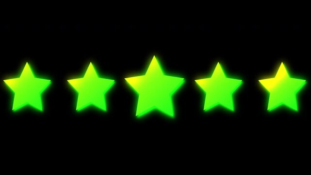 4K Animated Five-Star Customer Feedback Rating Scale on Black Background. Five-star rating animation for feedback, review system, user experience, and websites. Easy to use.

