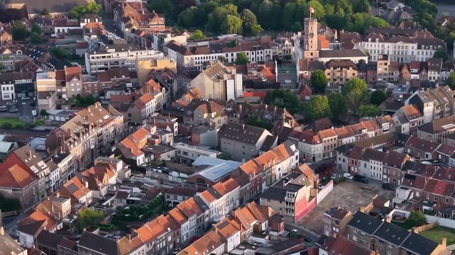 Aerial view beside the old town above the city Menen in Belgium, on a sunny afternoon in early summer.