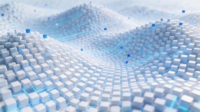 Futuristic landscape of interconnected data cubes with flowing digital network streams, AI powered computing visualization and scalable cloud infrastructure, idea for big data analytics technology