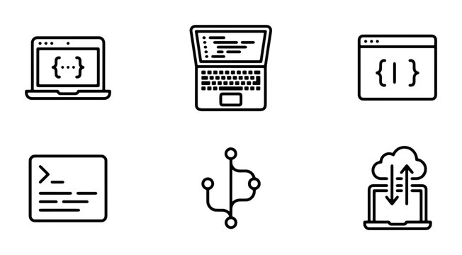 Coding Icons Set: Laptop, Terminal, Cloud Sync, Git Branch, Code Snippets, Software Development