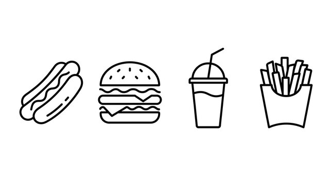 Takeout food line icons featuring double cheeseburger soft drink with lid and straw crispy french fries and hotdog on white background for web.