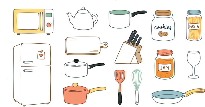 Cute hand drawn kitchen utensils and appliances doodle set with refrigerator microwave pots jars and pan vector