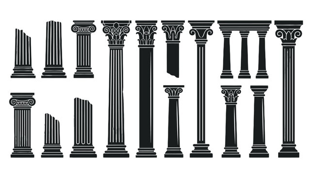 Set of classical column silhouettes and ornate pillar capitals