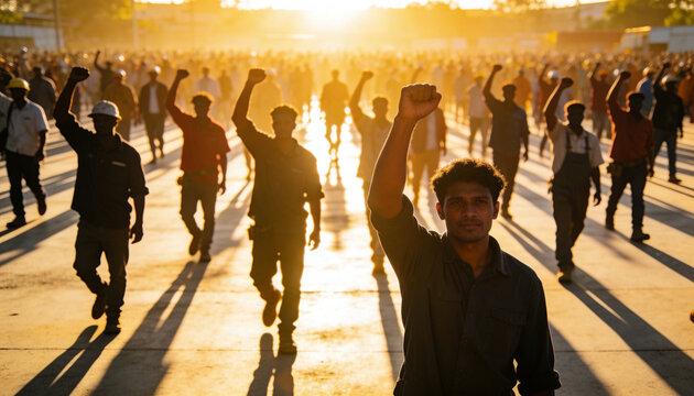 Marching adult workers raising fists across worksite backlit, wearing hard hats and safety vests