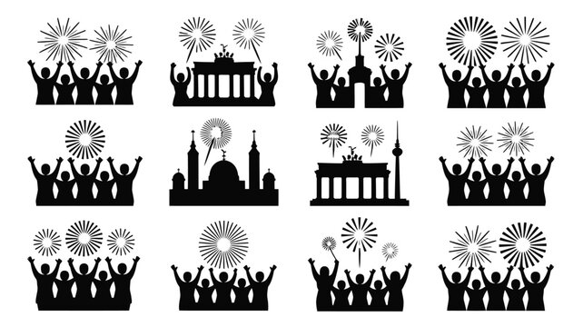 People cheering with fireworks over german landmarks like brandenburg gate and berlin tower.