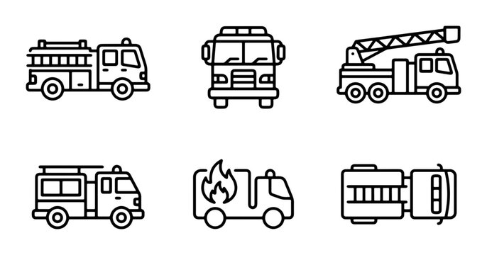 Fire Truck Icons, Emergency Vehicle Set, Firefighter Transport Graphics, Rescue Equipment Vector