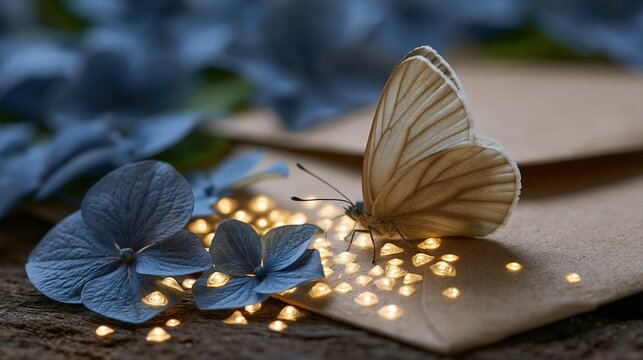 Delicate butterfly rests on a brown envelope surrounded by blue hydrangea flowers and glowing fairy lights.