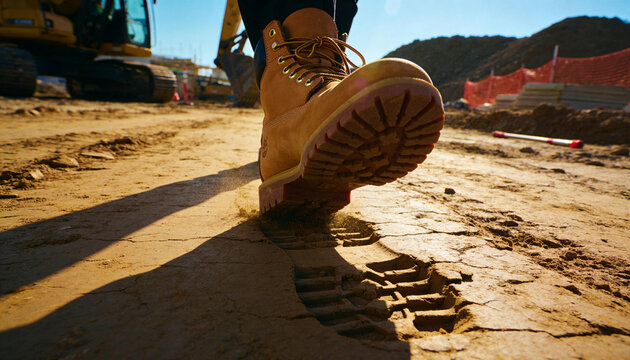 Stepping tan leather boot with dark pants pressing lugged tread into hard dirt at worksite