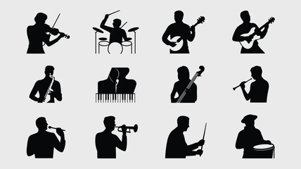 Musicians playing instruments, jazz band, orchestra, solo performers silhouette. © provash