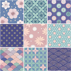 Obraz premium Diverse selection of japanese style floral and wave patterns.