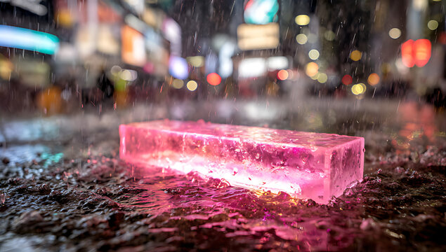 A pink rectangular device with LED lights is place