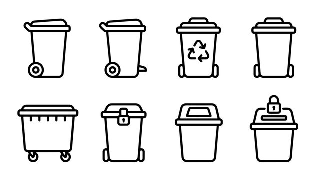 Recycling Bin Icons Set, Waste Container Vector Graphics, Garbage Can Collection, Environmental Cleanup