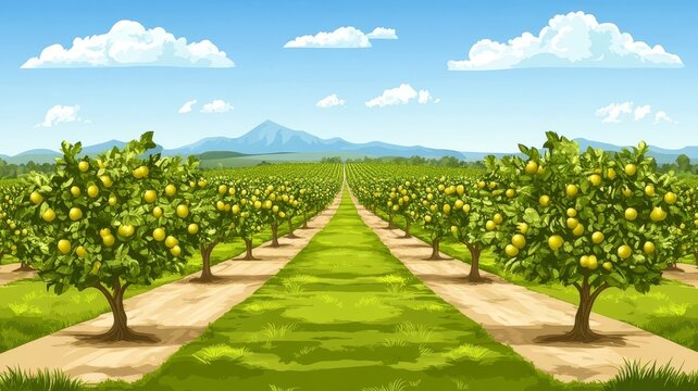 Vibrant cartoon lemon orchard with winding path path guides viewer through sunny cartoon style lemon grove