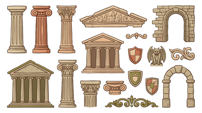 Ancient architecture elements set with columns, pediments and arches