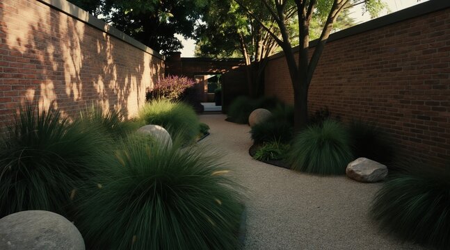 Modern gravel garden path with ornamental grasses and large round stones. Lush green plants and red brick walls create a serene, natural outdoor space. Sunlight casts dappled shadows on the path.