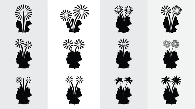 Graphic set of silhouette icons representing fireworks and palm trees on map of germany.