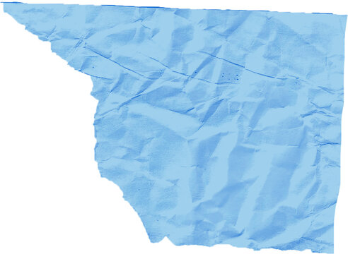 Crumpled torn blue paper piece. Wrinkled blank colored sheet scrap isolated for grunge design background.