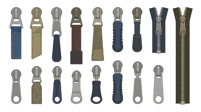 Set of zipper pulls and fasteners in different styles