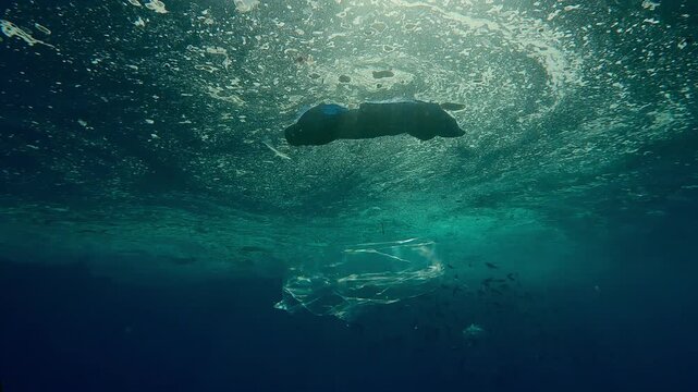 Bright sunbeams shine through the water surface covered with plastic trash and a layer of grease, with backlight and sun glare, fishes eat fat on the background.