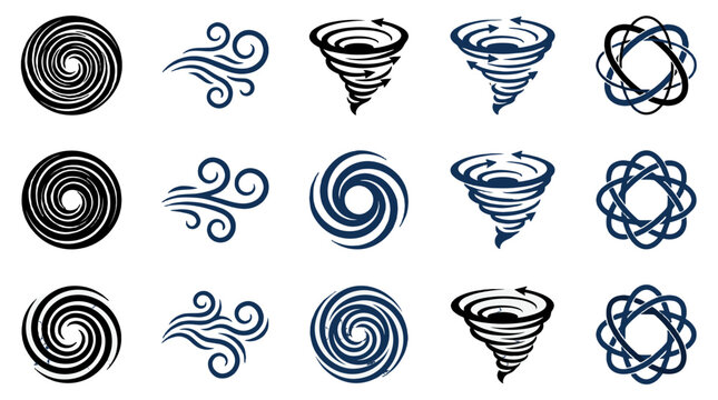 Abstract swirl and vortex symbol set in blue and black