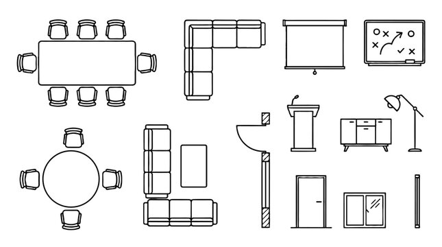 Furniture and interior floor plan symbols outline icon set